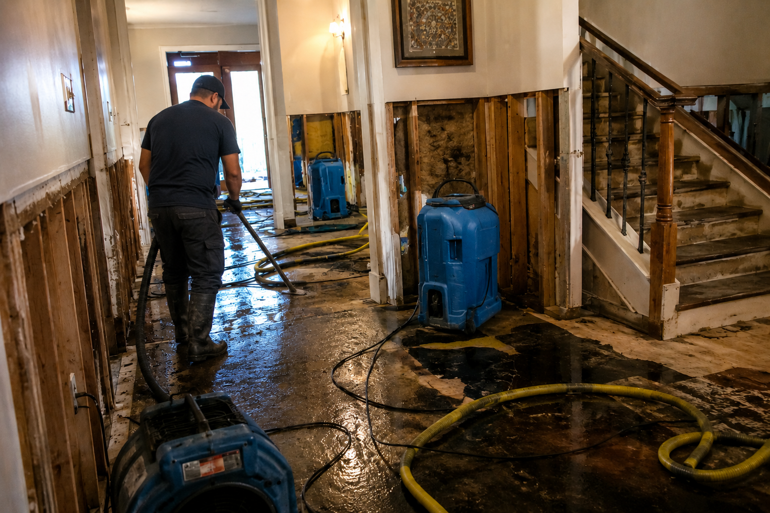 Restoration technician extracting water from a damaged home while drying equipment runs during a restoration project, illustrating restoration company cash flow management
