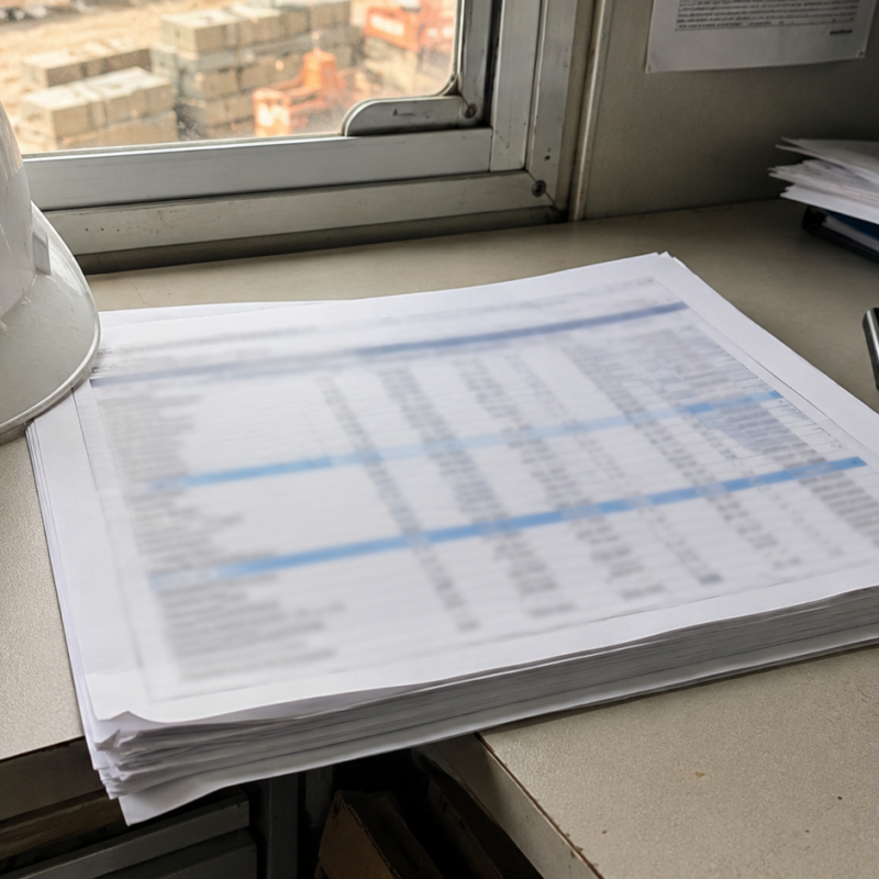 A job-site trailer desk with a printed multi-page job-cost report (numbers illegible), a hard hat and calculator, daylight from a small window (no logos, no faces)