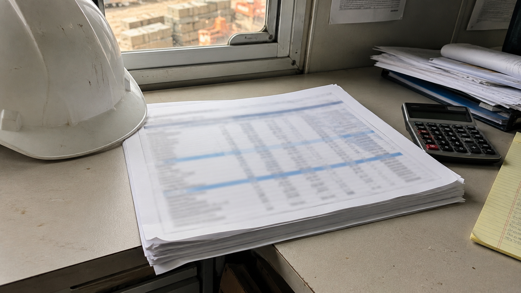 A job-site trailer desk with a printed multi-page job-cost report (numbers illegible), a hard hat and calculator, daylight from a small window (no logos, no faces)