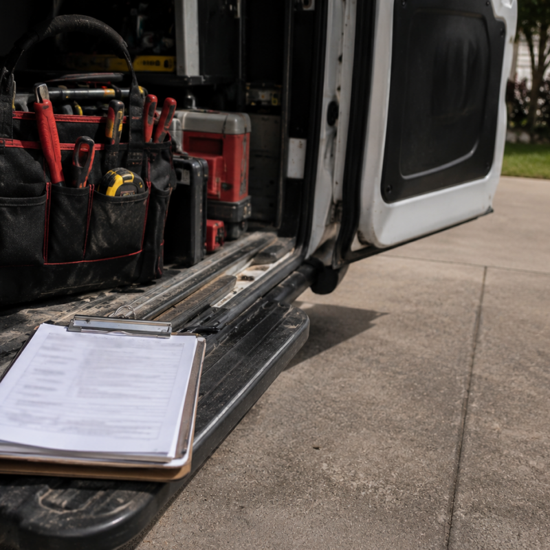 An open service-van side door in a residential driveway with a clipboard of work orders on the bumper (text illegible), tools inside, flat midday light (no logos, no plates)
