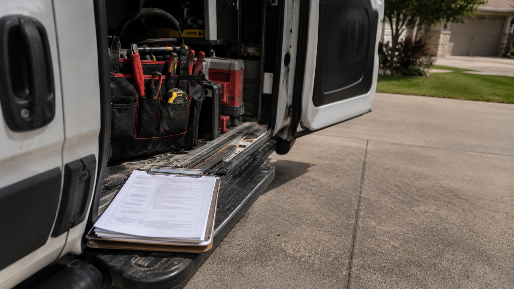 An open service-van side door in a residential driveway with a clipboard of work orders on the bumper (text illegible), tools inside, flat midday light (no logos, no plates)