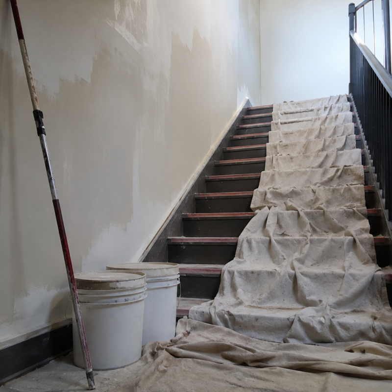 A partially painted commercial stairwell with drop cloths, a roller pole and two unlabeled paint buckets, in flat midday light, no faces or logos.