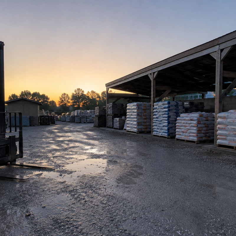 A trades supply yard at first light with pallets of bagged material under an open canopy and a parked forklift on damp gravel, no people, faces or logos