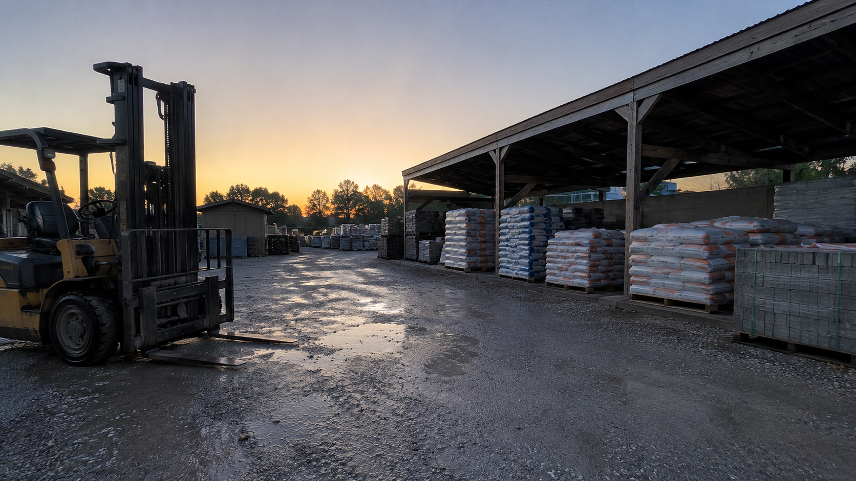 A trades supply yard at first light with pallets of bagged material under an open canopy and a parked forklift on damp gravel, no people, faces or logos