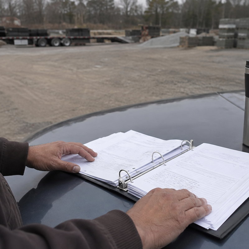 A contractor's hands on an open binder of job paperwork resting on a truck hood in a contractor yard