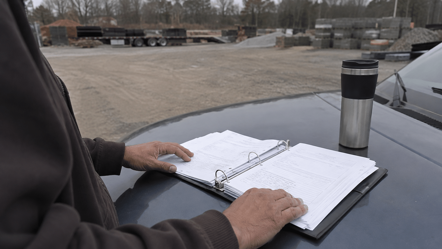 A contractor's hands on an open binder of job paperwork resting on a truck hood in a contractor yard