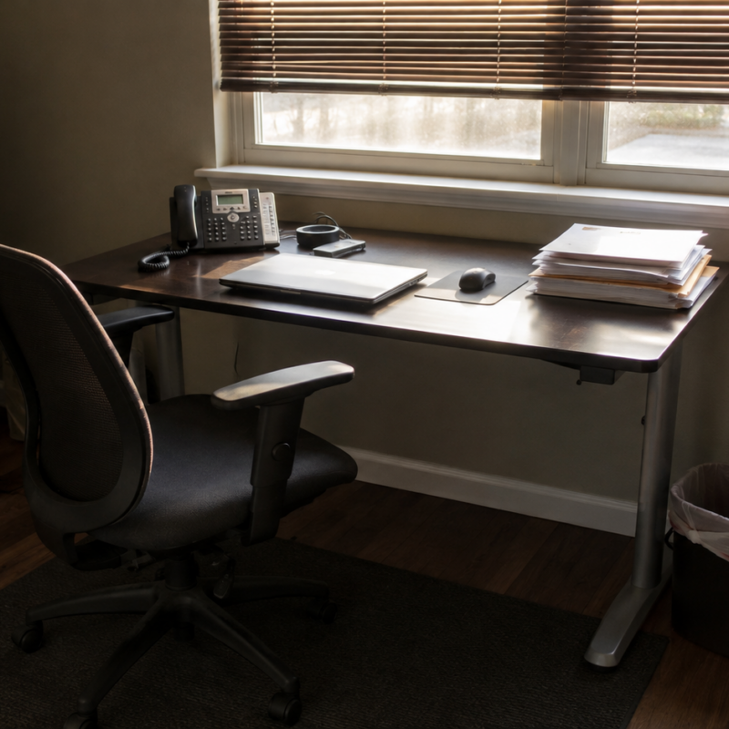 An empty office chair pushed back from a small contractor back-office desk with a closed laptop and unopened mail