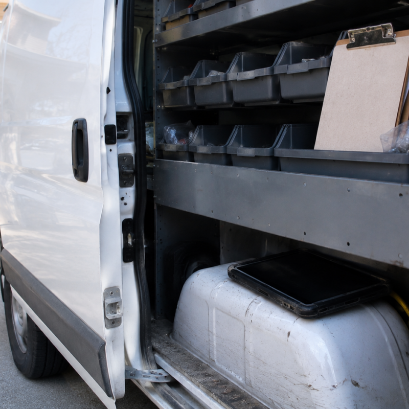 The open side door of a trades service van showing parts bins, a clipboard and a tablet on the wheel well