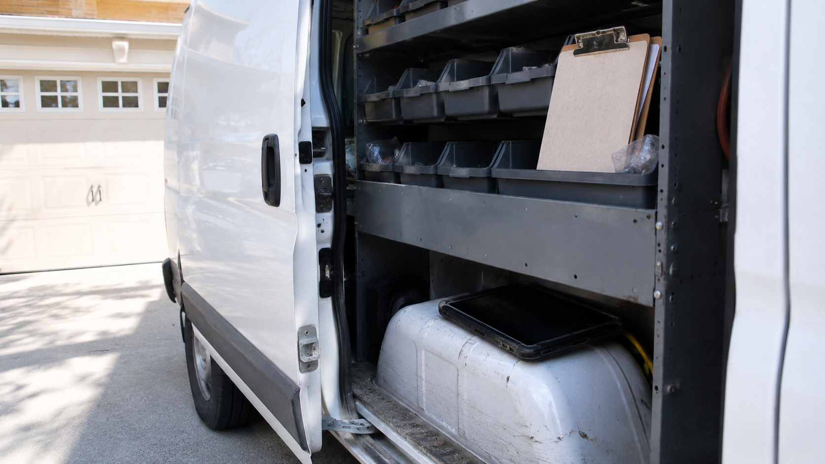 The open side door of a trades service van showing parts bins, a clipboard and a tablet on the wheel well