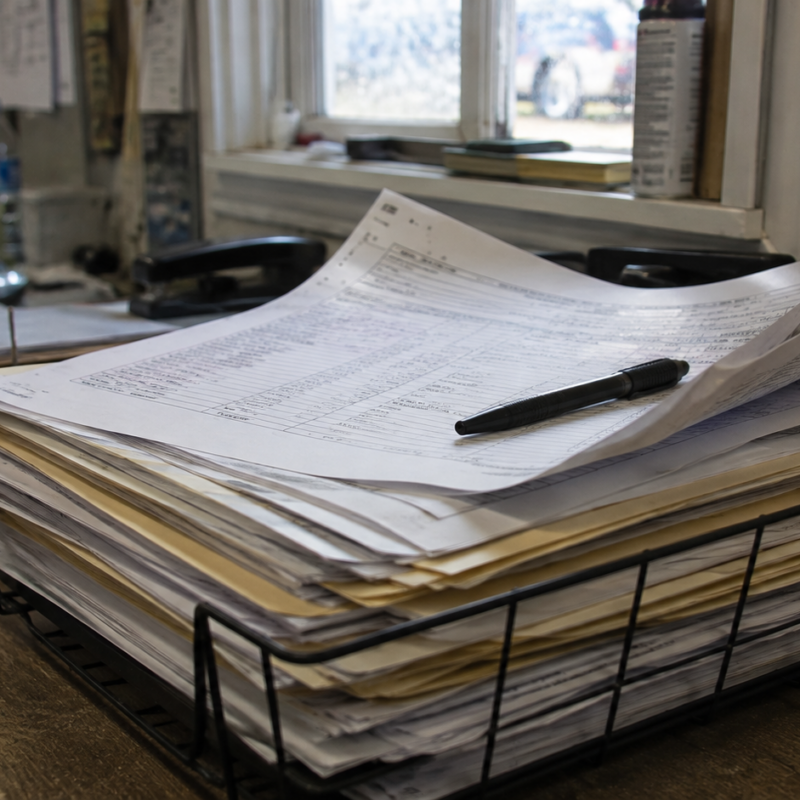 A stack of manila folders and loose invoices in a wire desk tray in a construction site trailer office