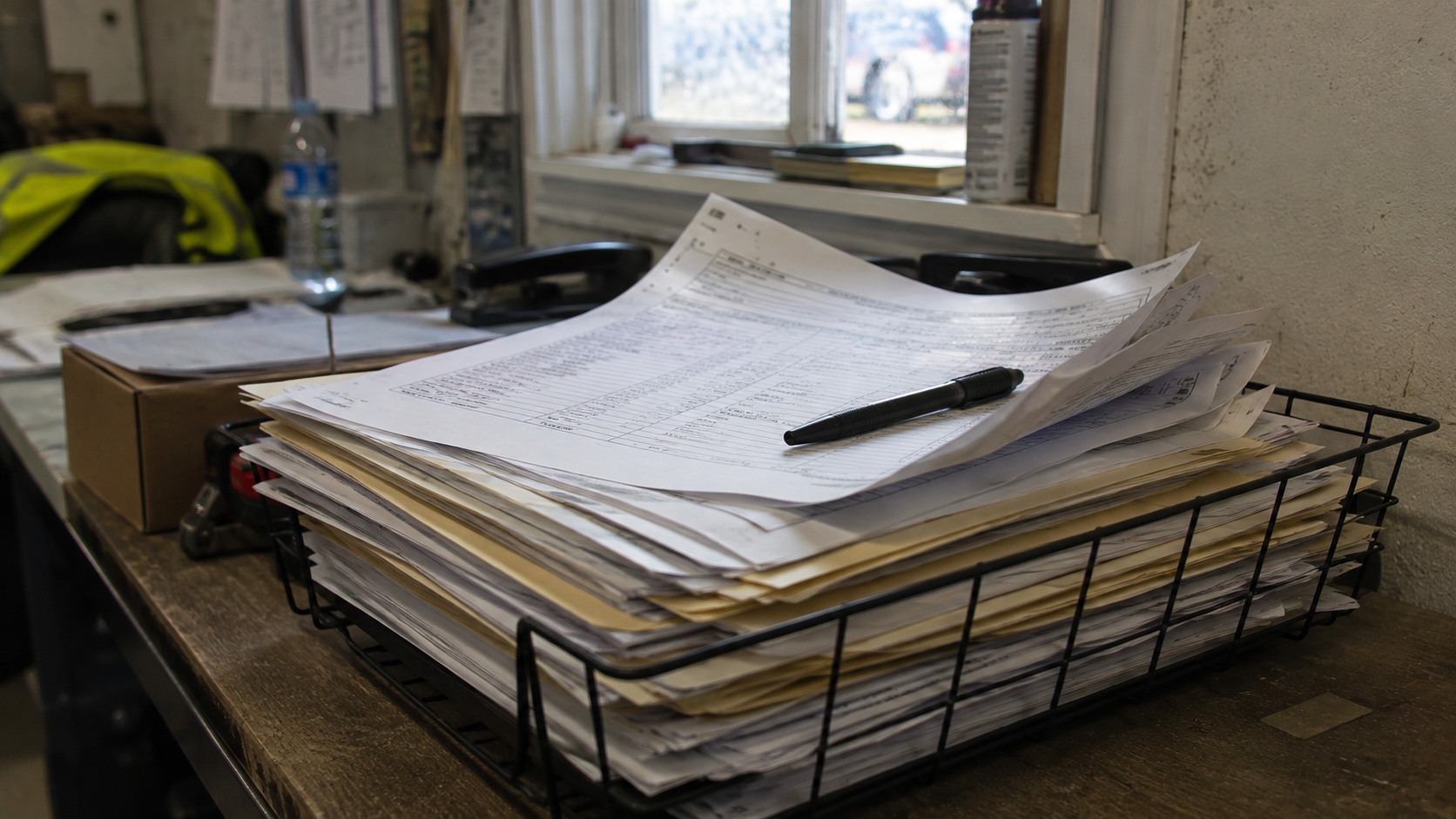A stack of manila folders and loose invoices in a wire desk tray in a construction site trailer office