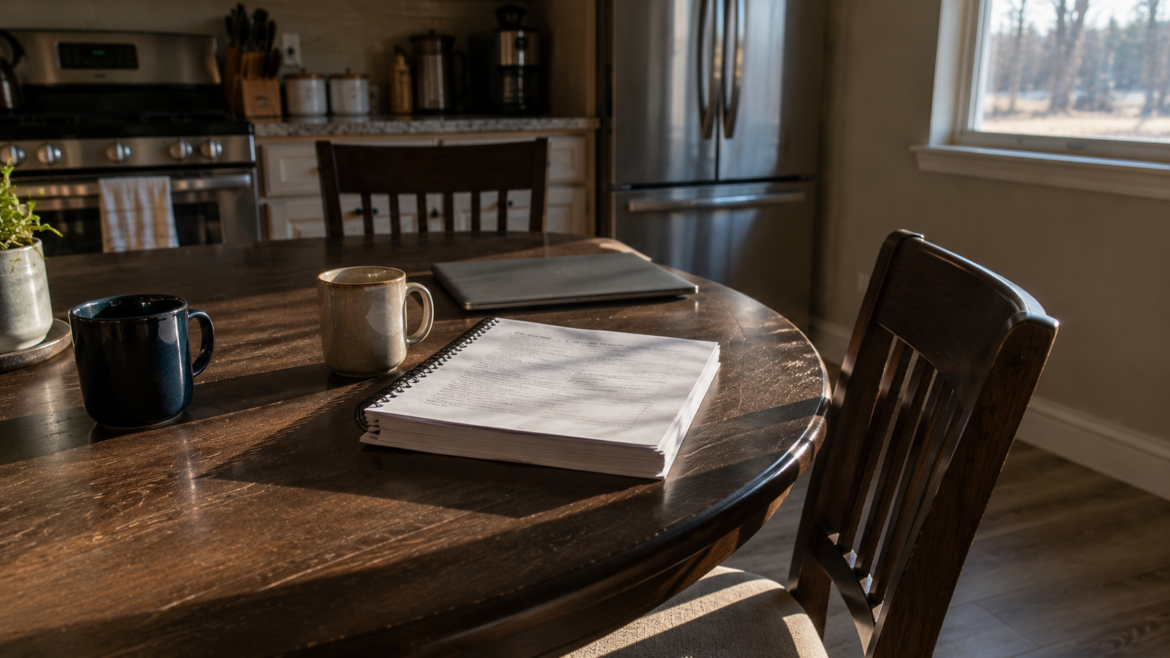 Two coffee mugs and a printed binder on a kitchen table beside a closed laptop in early morning light