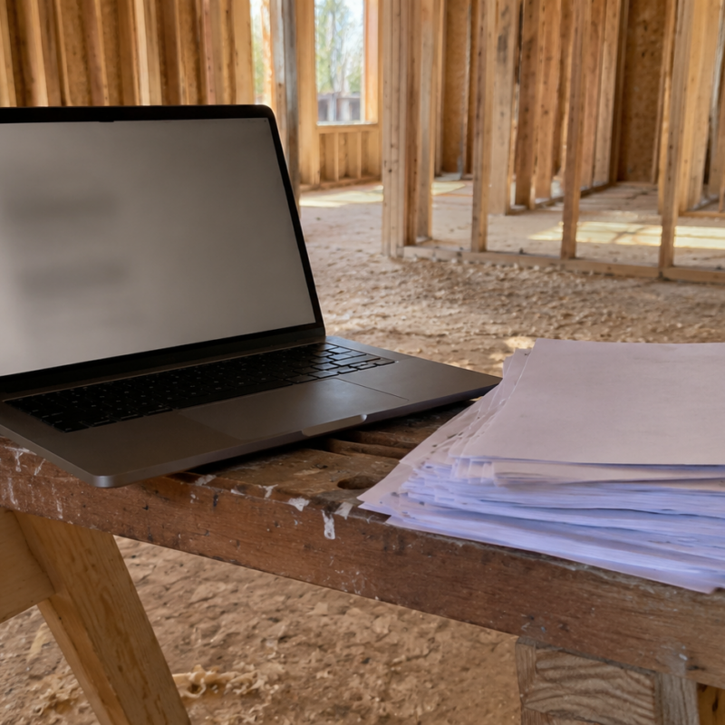 A laptop and invoices on a sawhorse inside a partially framed commercial building