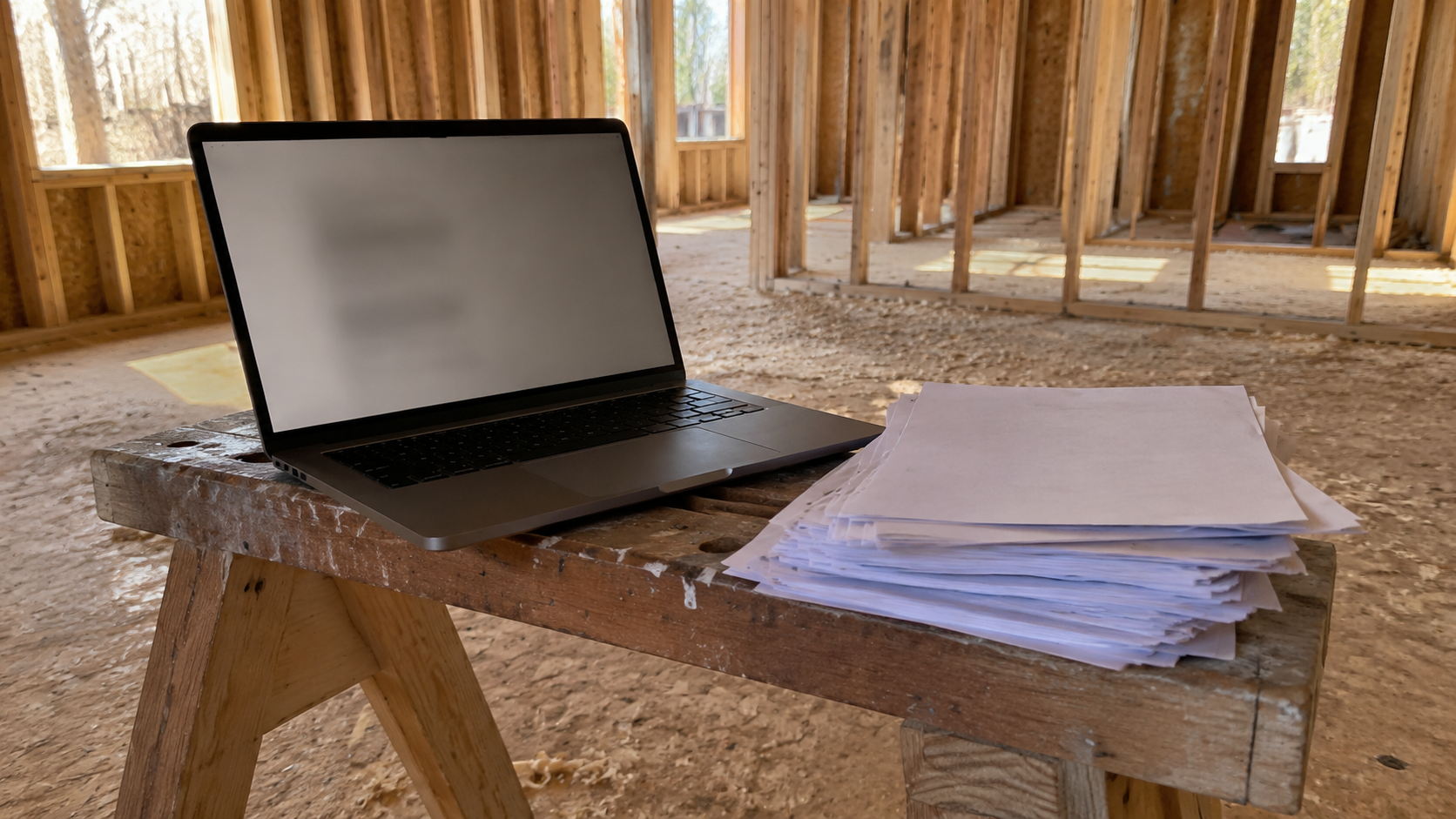 A laptop and invoices on a sawhorse inside a partially framed commercial building