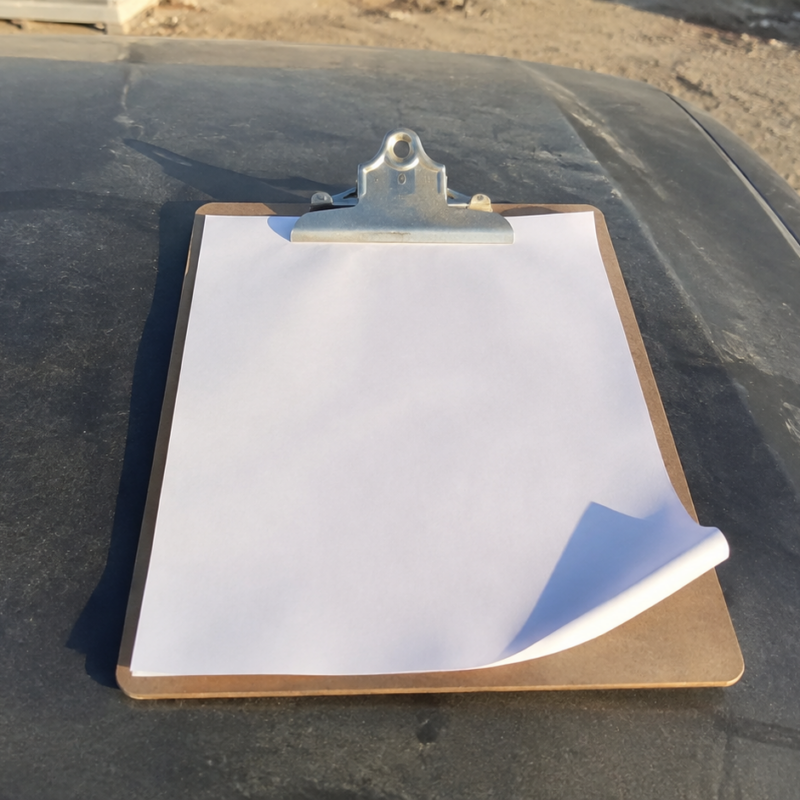A single printed page on a clipboard resting on a truck hood at a construction staging area