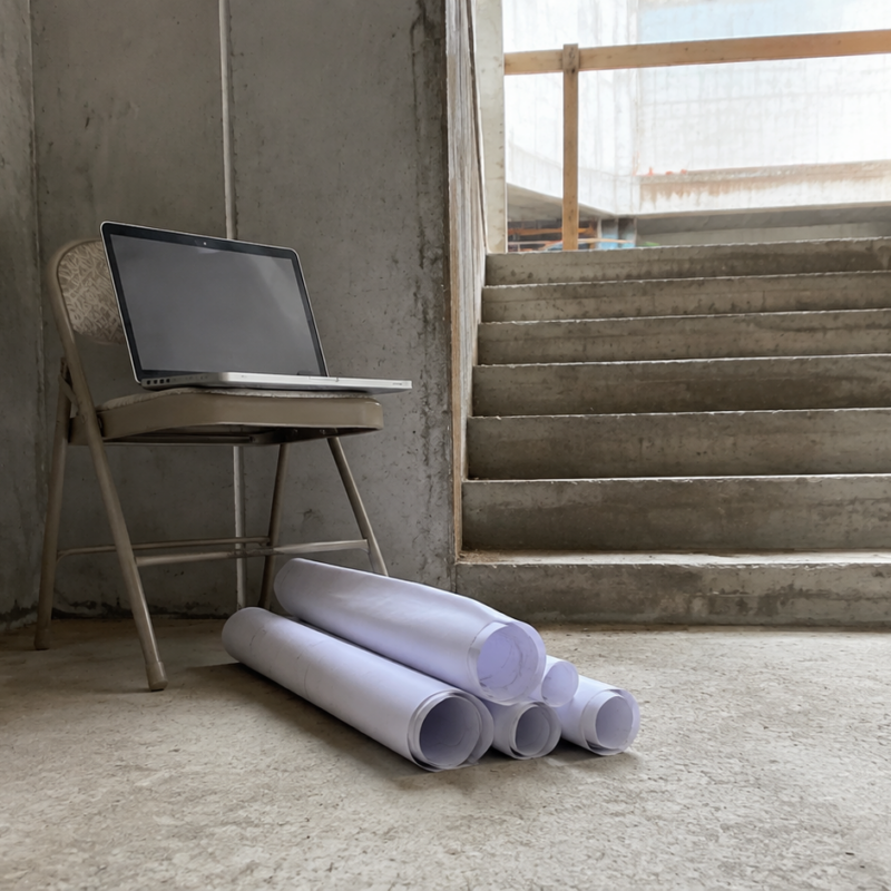 A laptop and rolled drawings in a concrete stairwell of a building under construction