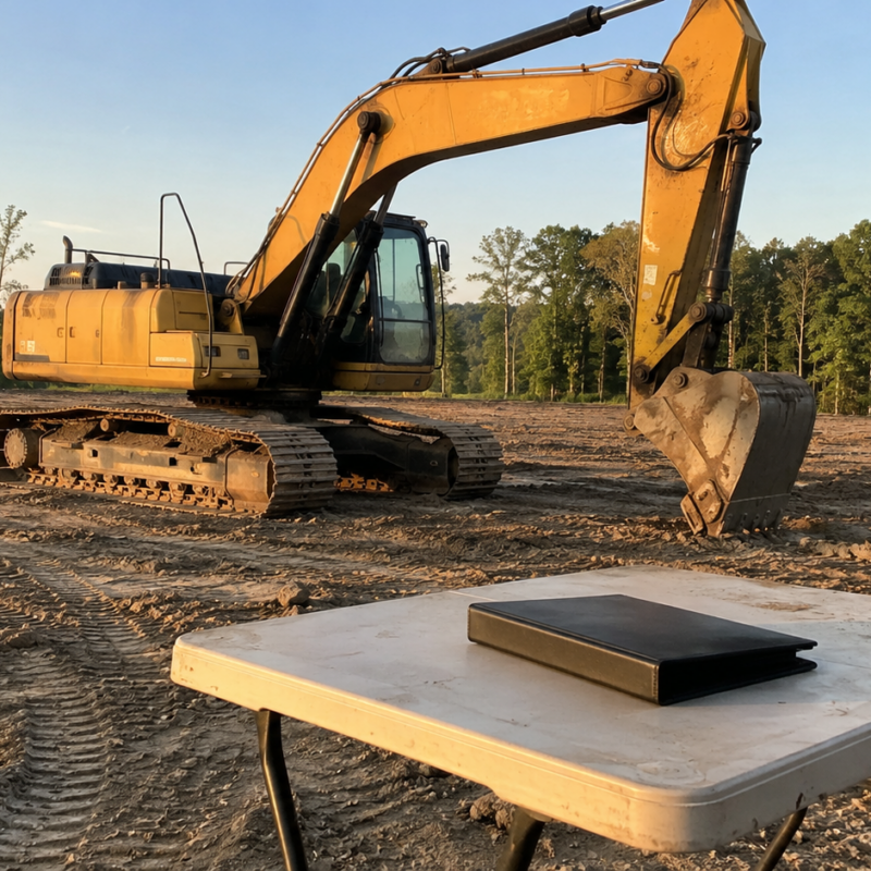 Idle earthmoving equipment at the edge of a cleared development site at golden hour