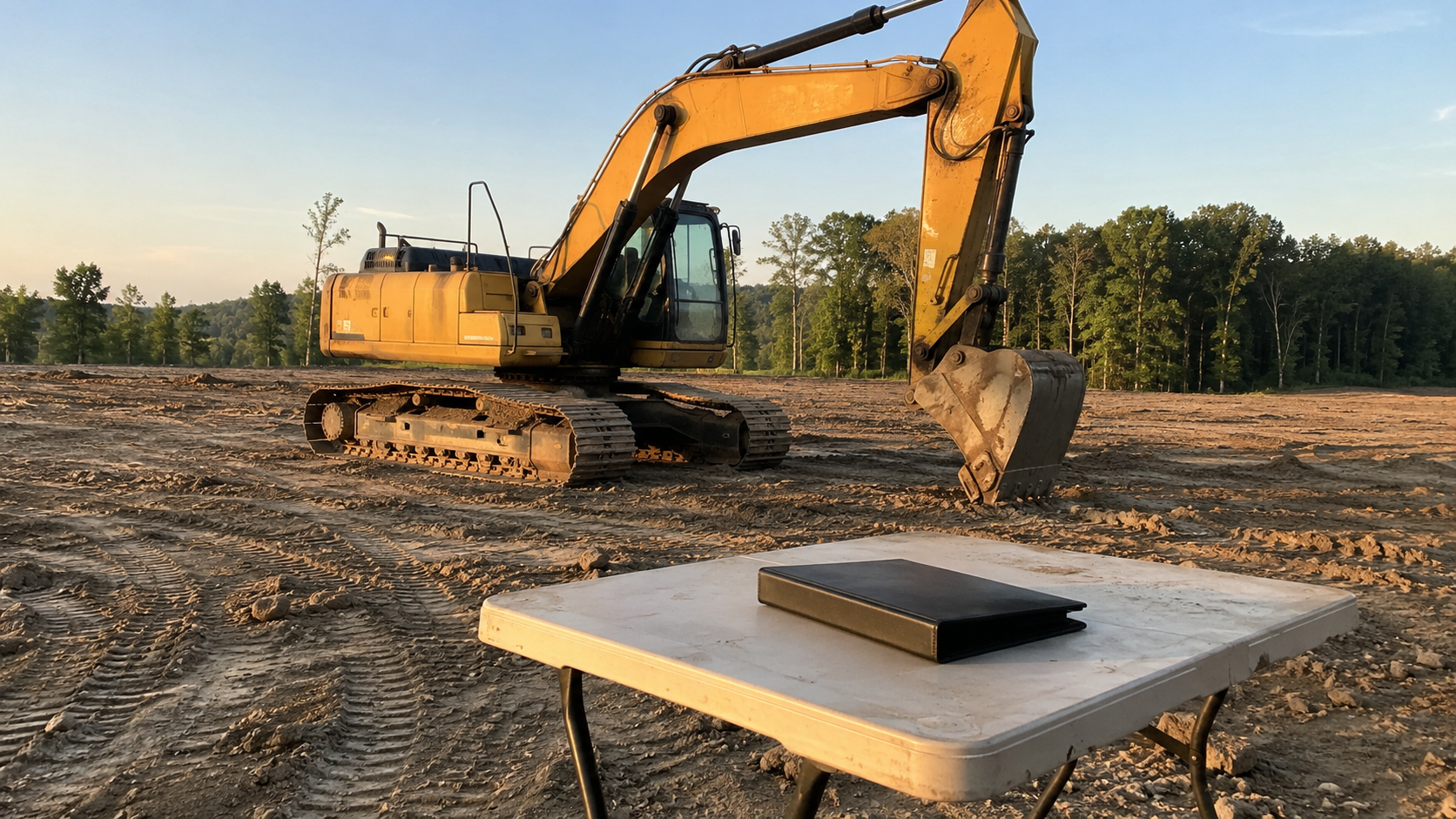 Idle earthmoving equipment at the edge of a cleared development site at golden hour