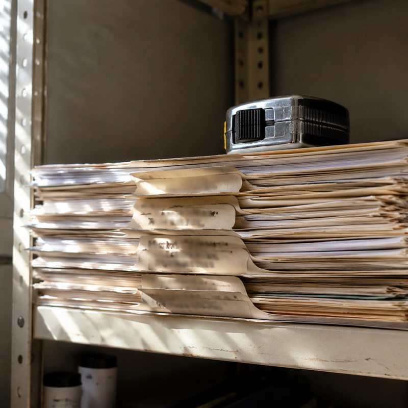 A stack of worn manila job folders with illegible handwritten tabs on a contractor office shelf under slatted blind shadows, with a tape measure on top, no people or logos.
