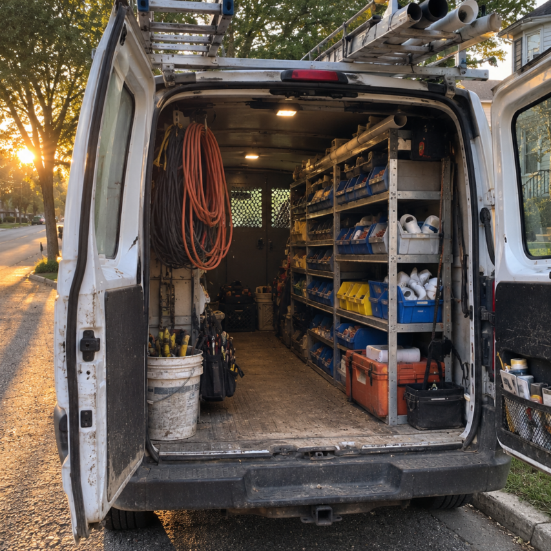 The open rear doors of a service van at dusk showing organized bins of fittings and a coiled extension cord, parked on a residential street, no people or logos.