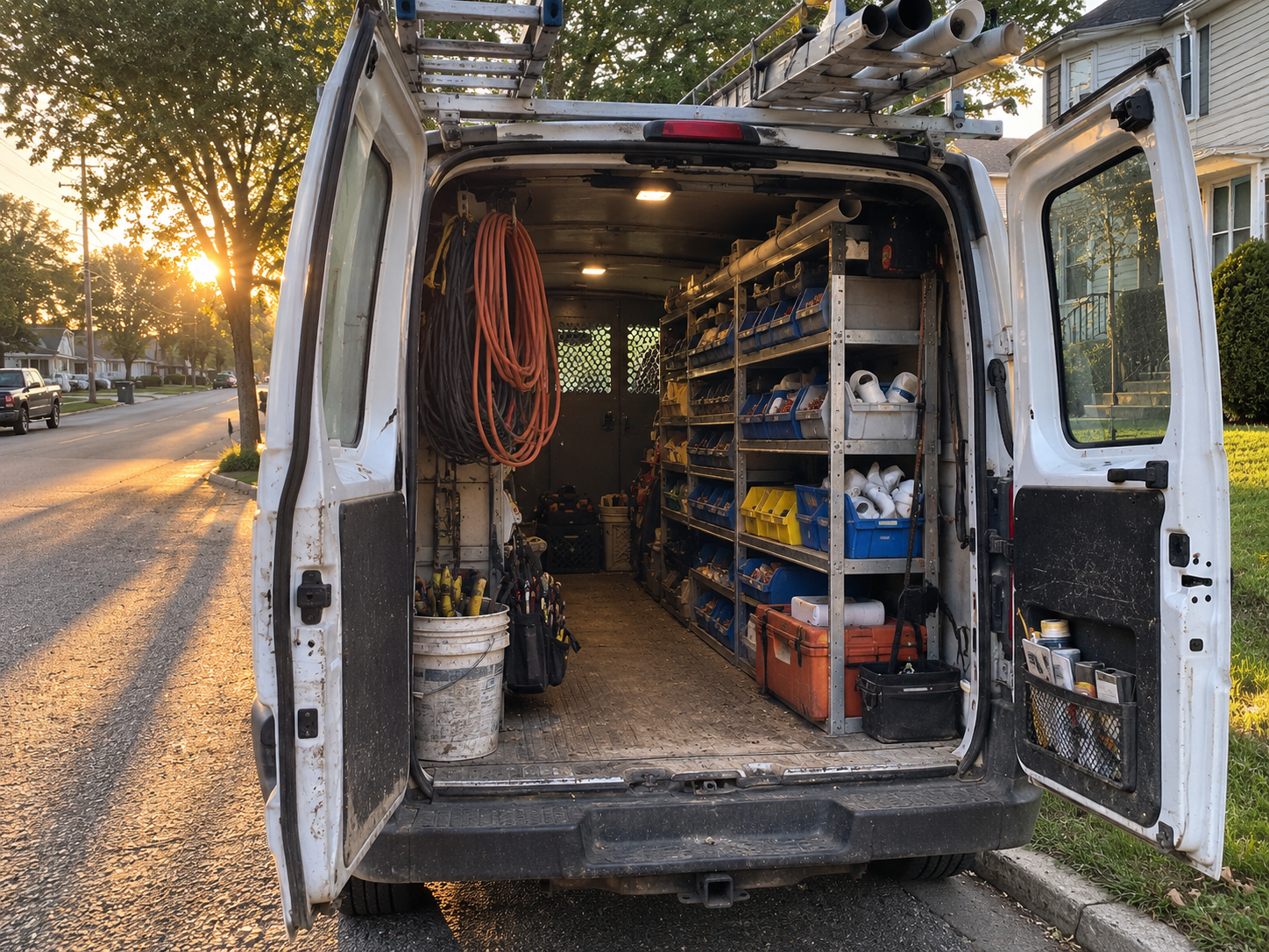 The open rear doors of a service van at dusk showing organized bins of fittings and a coiled extension cord, parked on a residential street, no people or logos.