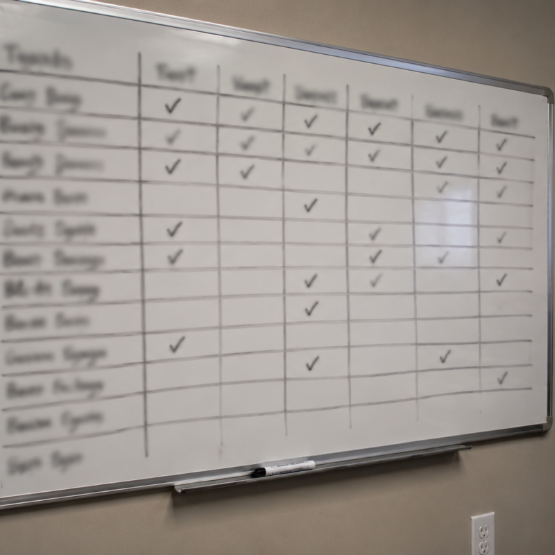A whiteboard in a small trades office with a hand-drawn weekly grid and illegible handwriting, a dry-erase marker on the tray, under flat overhead light, no people or logos.