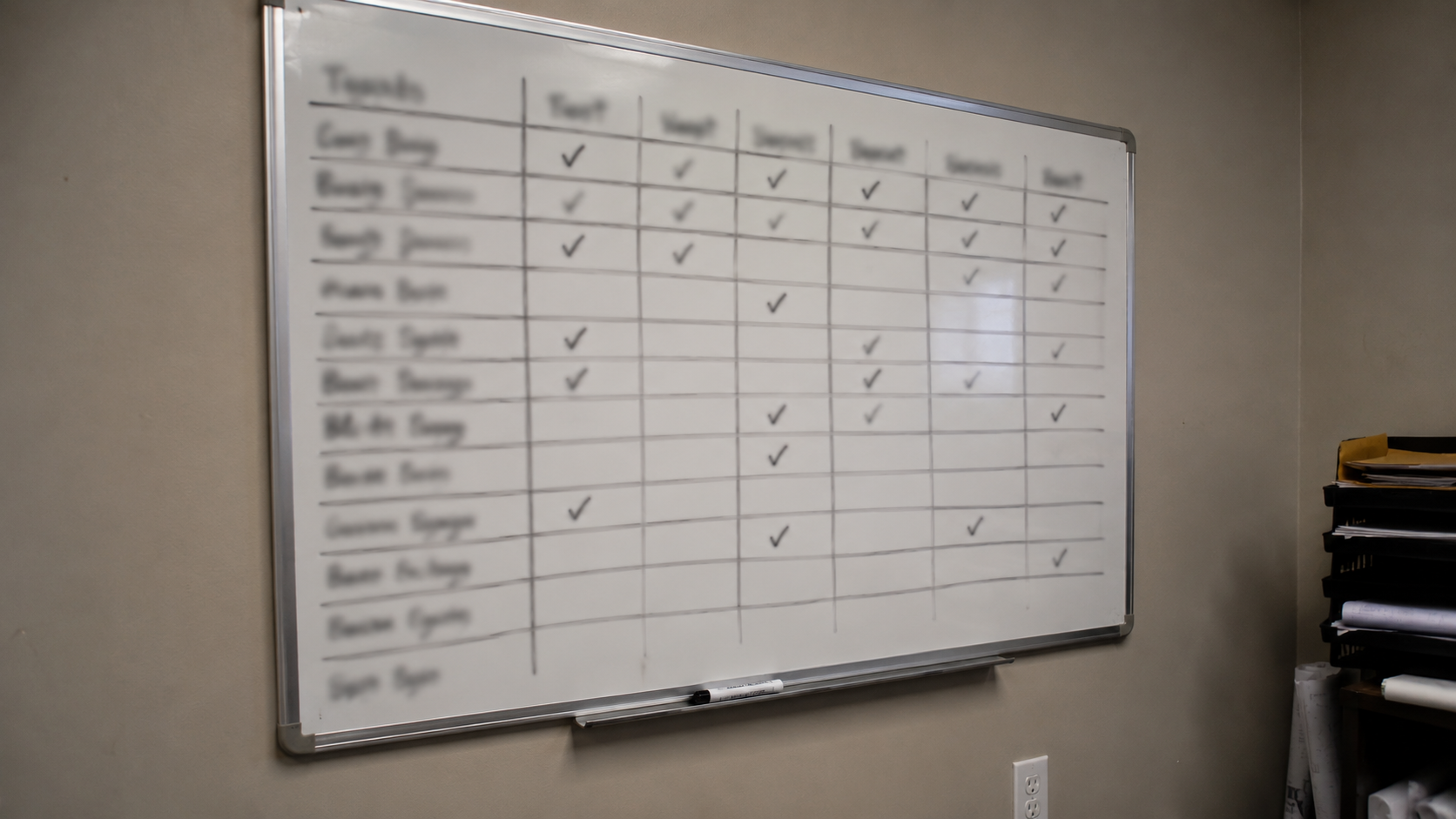 A whiteboard in a small trades office with a hand-drawn weekly grid and illegible handwriting, a dry-erase marker on the tray, under flat overhead light, no people or logos.