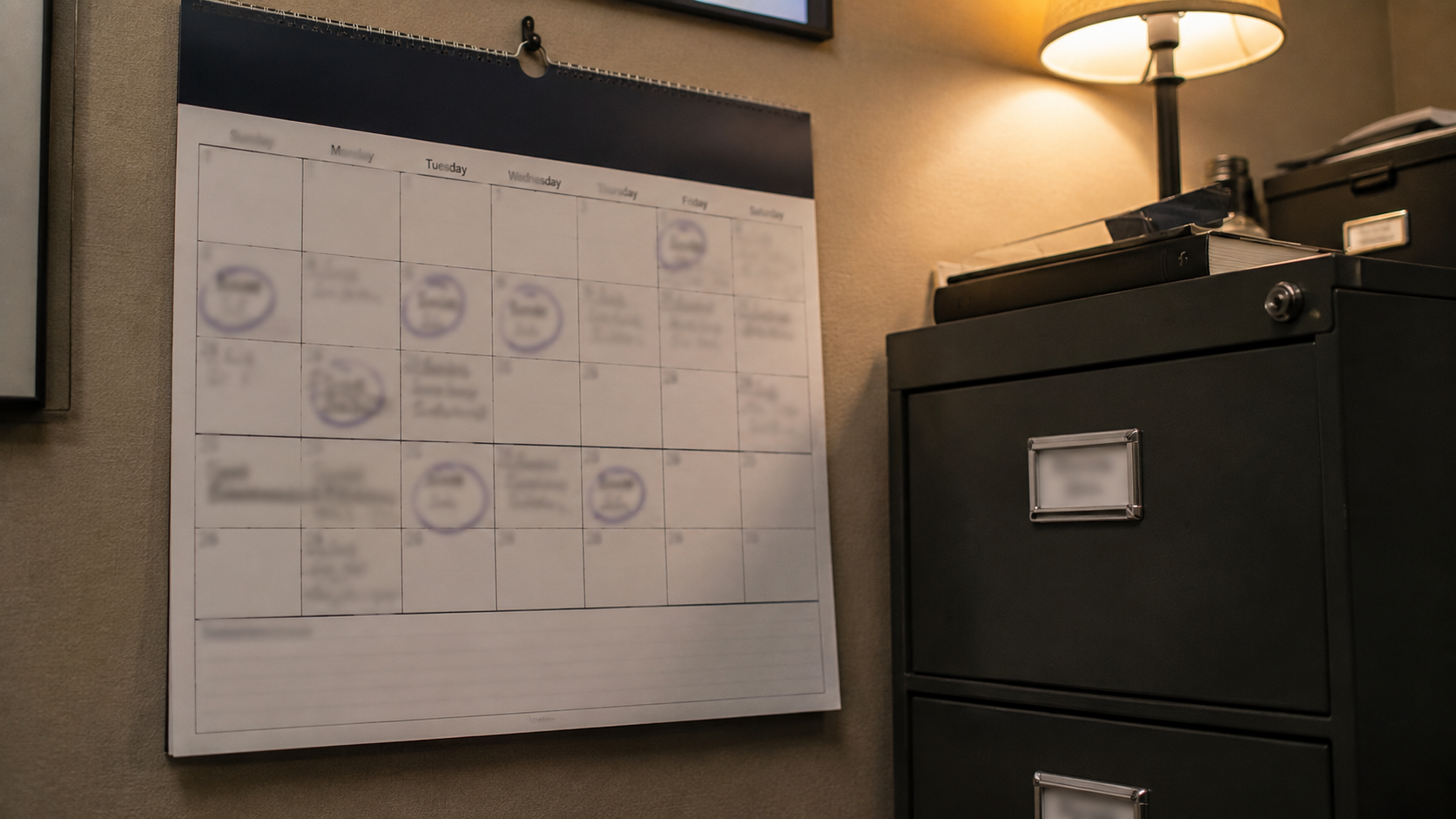 A wall calendar with several days circled and all writing illegible, hanging beside a metal filing cabinet under warm lamp light, no people or logos.