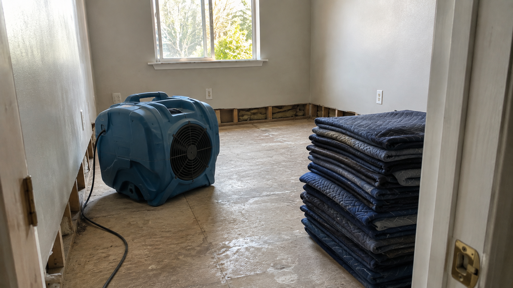 A commercial drying fan and folded moving blankets in an empty room with bare subfloor under flat daylight, no people or logos.