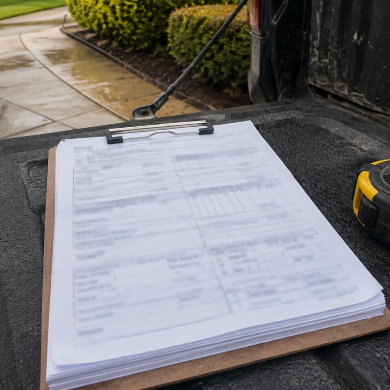 A clipboard of forms with illegible writing resting on a work truck tailgate beside a tape measure, on a damp driveway under overcast light, no people or logos.