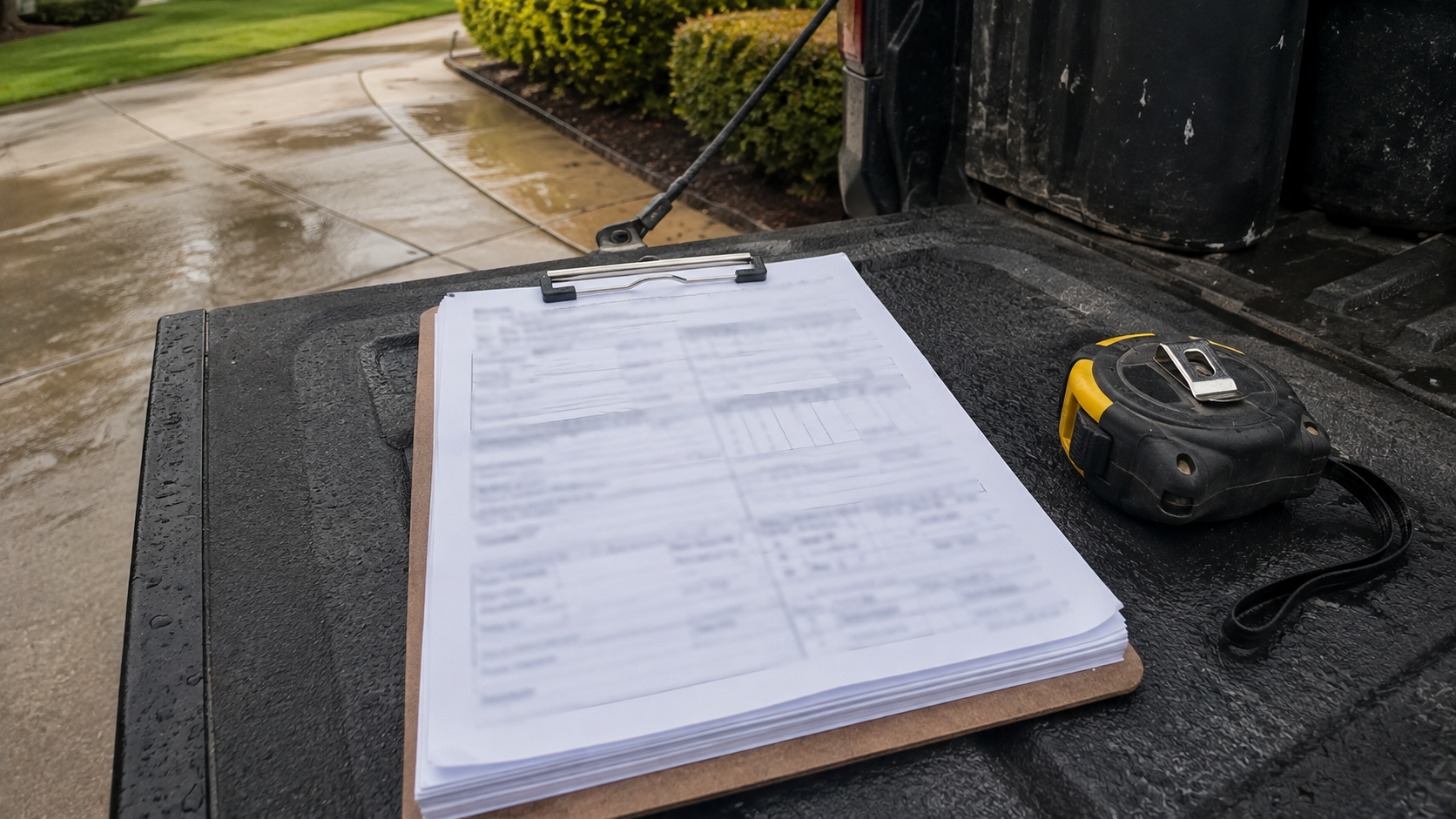 A clipboard of forms with illegible writing resting on a work truck tailgate beside a tape measure, on a damp driveway under overcast light, no people or logos.