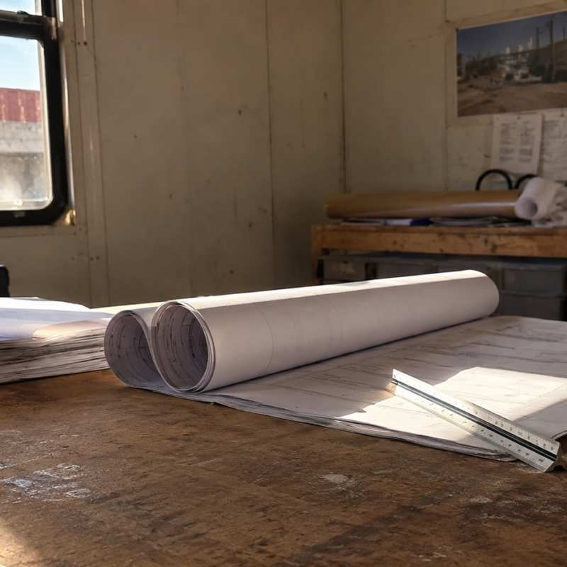 A worn desk in a construction trailer with rolled drawings, a scale ruler and a mug of pencils in dusty late-afternoon light, no people or logos.