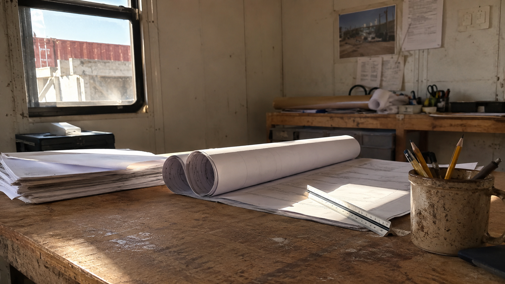 A worn desk in a construction trailer with rolled drawings, a scale ruler and a mug of pencils in dusty late-afternoon light, no people or logos.