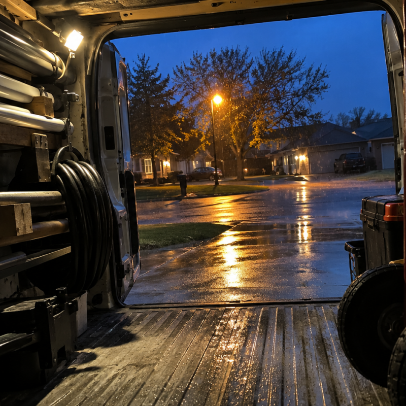 View from inside a dark service van looking out the open rear doors at a wet driveway at dusk