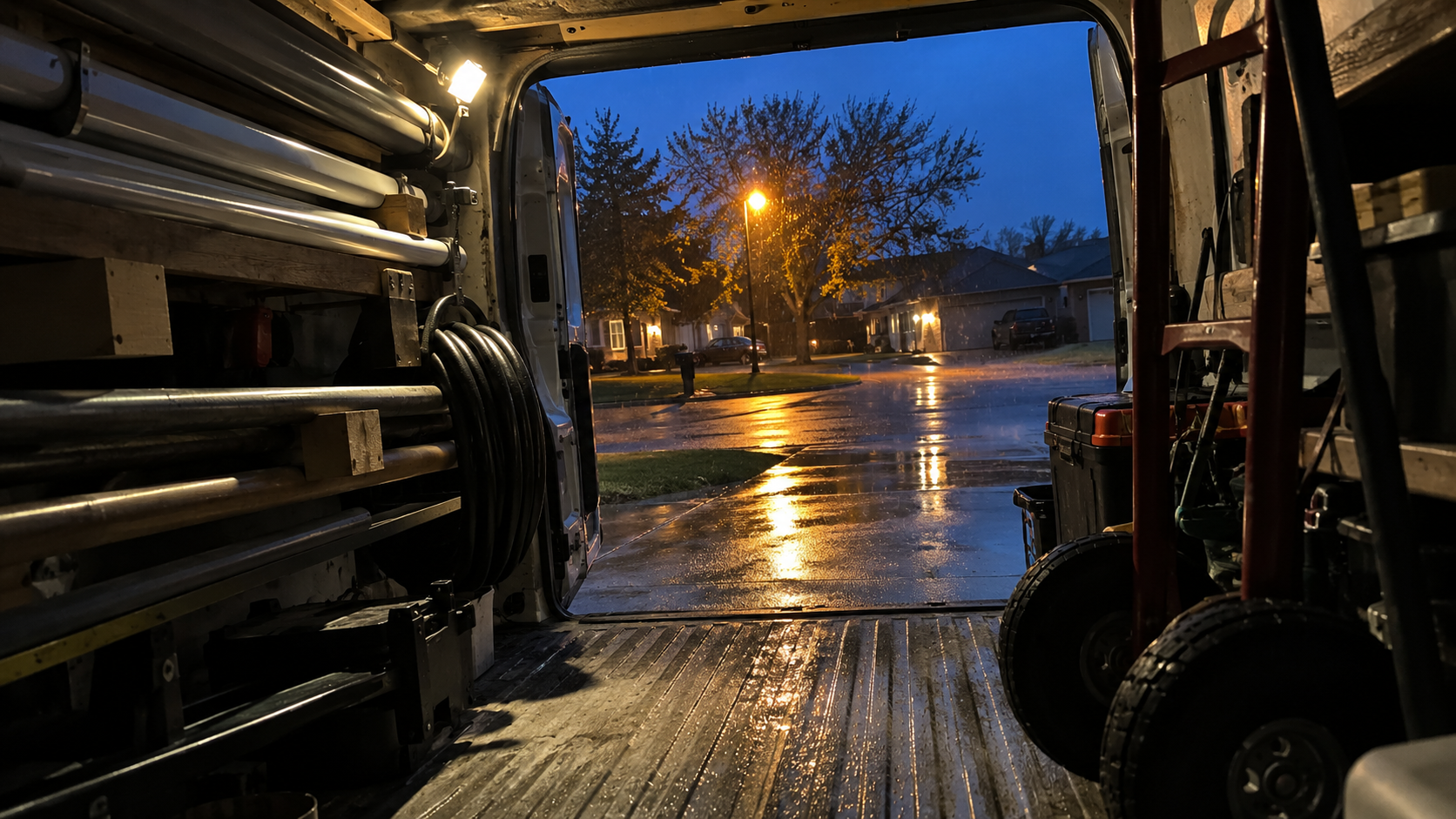 View from inside a dark service van looking out the open rear doors at a wet driveway at dusk