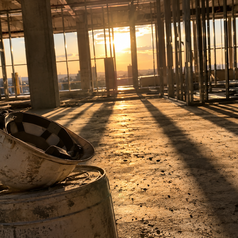 Low sun raking through stud framing inside a half-finished concrete building shell, construction dust visible in the light