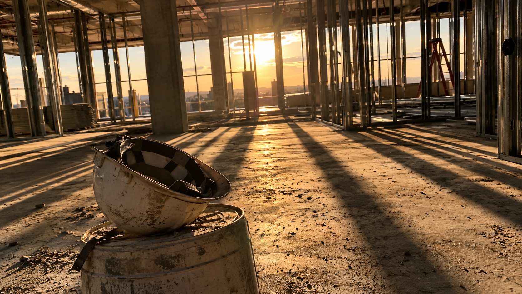 Low sun raking through stud framing inside a half-finished concrete building shell, construction dust visible in the light