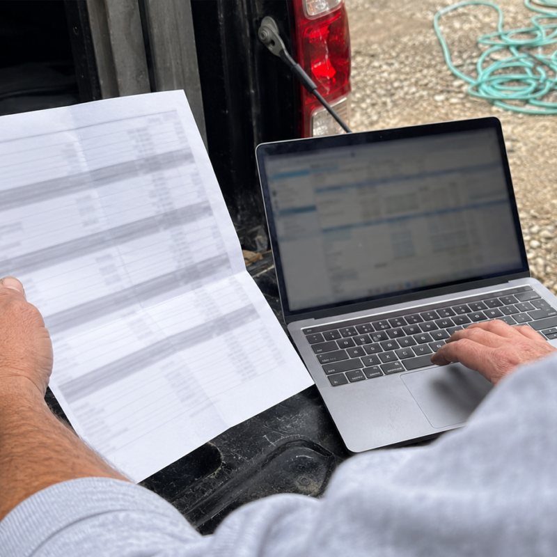 A contractor comparing a printed estimate against a laptop on a truck tailgate at a job site