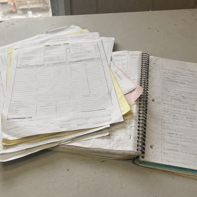 Material delivery tickets and a notebook on a folding table inside a job site trailer