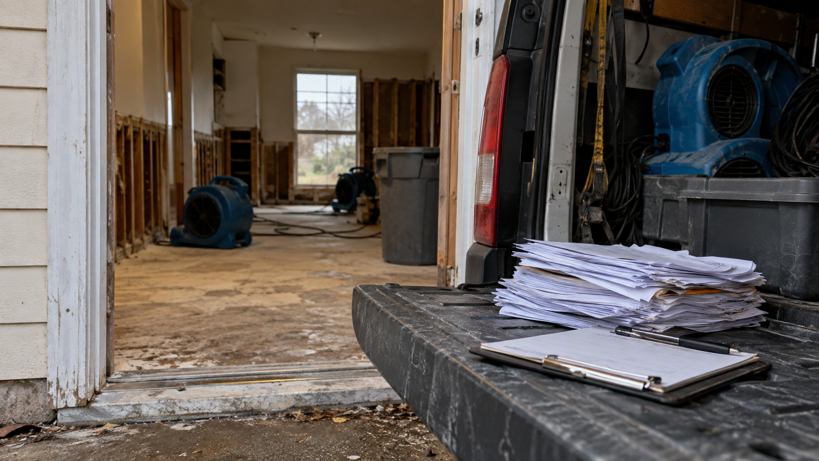 Clipboard and paper invoices on the open tailgate of a work van outside a stripped interior undergoing restoration