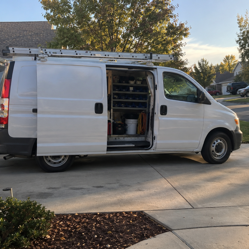 Service technician van parked outside a job with the side door open showing organized parts bins