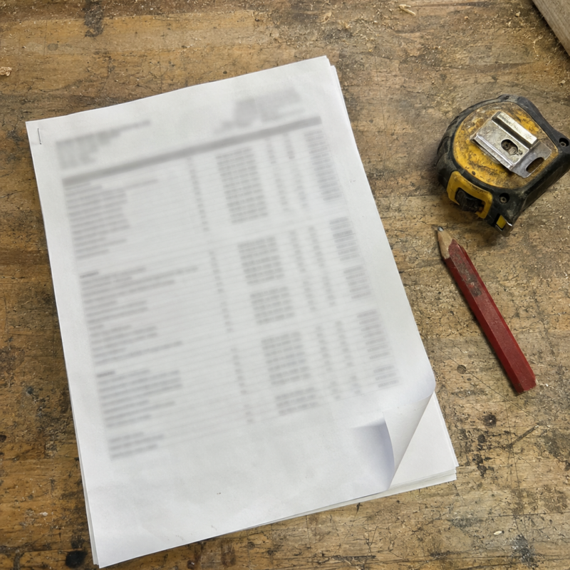 Printed job margin report on a workbench next to a tape measure and a pencil
